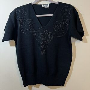 Vintage 80s Keneth too! Black Knit Sweater Swirl Beaded Short Sleeve V Neck
